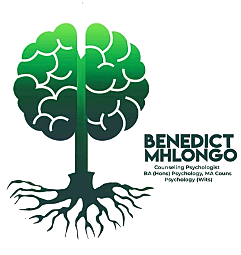 Benedict Mhlongo — Counseling Psychologist. Tree-and-brain emblem with roots.